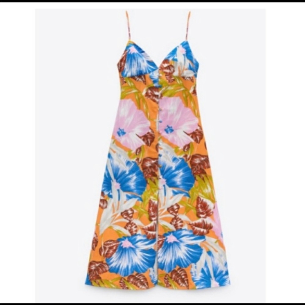 Zara Tropical Print Midi Dress NWOT